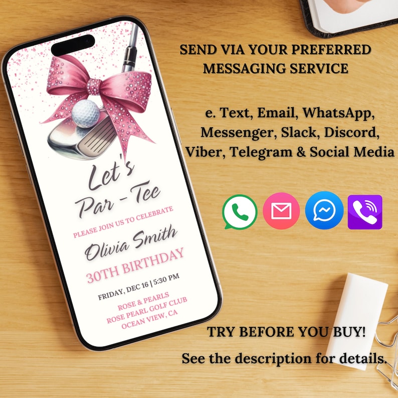 May include: A pink and white digital invitation for a 30th birthday party. The invitation features a golf club, a golf ball, and a pink bow with glitter. The text on the invitation reads "Let's Par-Tee" and "Olivia Smith 30th Birthday". The invitation also includes the date, time, and location of the party.