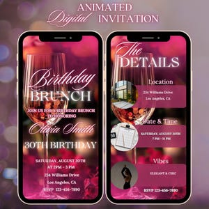 Digitale Geburtstags-Brunch-Party-Einladung, digitale rosa Blumen-Brunch-Telefonnachricht Evite, animierte Einladung, Video-Brunch-Einladung
