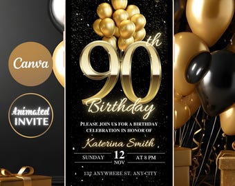 90th Birthday Party Video Invitation: Black, Gold, and Silver (Digital Evite)