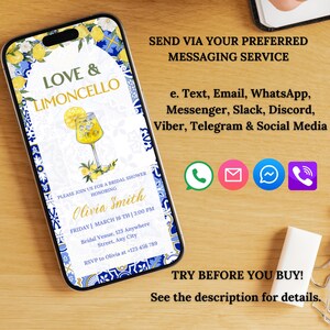 May include: A digital invitation for a bridal shower with a blue and white tiled pattern and lemons. The invitation says "Love & Limoncello" and includes the bride's name, date, time, and location. The text "Send via your preferred messaging service" is also included with icons for various messaging apps.