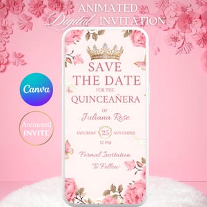 May include: A digital invitation for a quinceañera, featuring a floral design with pink roses and butterflies. The invitation includes the text "Save the Date" and details for Juliana Rose's quinceañera on November 25th.