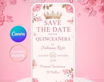 Quinceañera Save The Date Invitation Pink Floral, Digital Mis Quince Anos 15th Birthday Party Celebration Invite, DIY Editable Template.