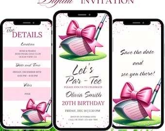 Animated Golf Birthday Party Invitation: Pink Coquette Par Tee (Digital Download)