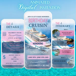 Itinerario digitale per crociera di compleanno, invito per nave da fine settimana, modello per vacanza in crociera 2025, pianificatore di viaggio nei Caraibi, festa in barca per ragazze