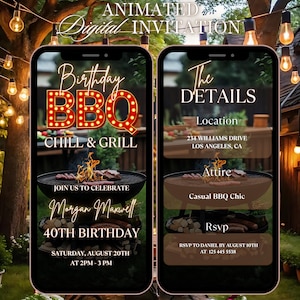 May include: Animated digital invitation for a 40th birthday BBQ. The invitation features a red and yellow neon sign that says "Birthday BBQ Chill & Grill". The invitation also includes details about the event, such as the date, time, location, attire, and RSVP information.