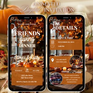 May include: Animated digital invitation for a Friendsgiving dinner. The invitation includes details such as the date, time, and location. The design features fall foliage, pumpkins, and the text "Friendsgiving Dinner".