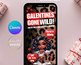 Galentine's Girls Night Invitation:Cheetah Print Valentine's Day Party Template (Editable in Canva)