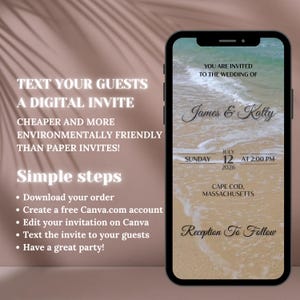 K&ouml;nnte beinhalten: Ein Smartphone zeigt eine digitale Hochzeitseinladung f&uuml;r James & Katty mit Datum, Uhrzeit und Ort. Das Design der Einladung zeigt eine Strandszene. Text links bewirbt digitale Einladungen als kosteng&uuml;nstig und umweltfreundlich.