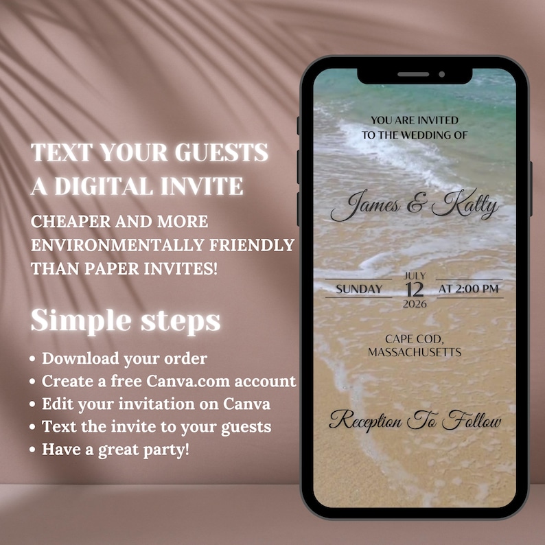 K&ouml;nnte beinhalten: Ein Smartphone zeigt eine digitale Hochzeitseinladung f&uuml;r James & Katty mit Datum, Uhrzeit und Ort. Das Design der Einladung zeigt eine Strandszene. Text links bewirbt digitale Einladungen als kosteng&uuml;nstig und umweltfreundlich.