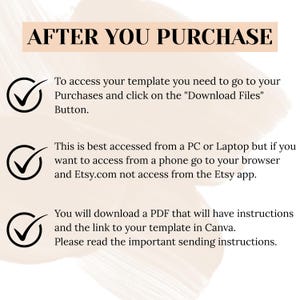 Puede incluir: Un gr&aacute;fico de informaci&oacute;n digital con el texto "DESPU&Eacute;S DE LA COMPRA". Las instrucciones incluyen el acceso a la plantilla a trav&eacute;s del bot&oacute;n "Descargar archivos", preferiblemente en una PC o computadora port&aacute;til, y la descarga de un PDF con instrucciones y un enlace de Canva.