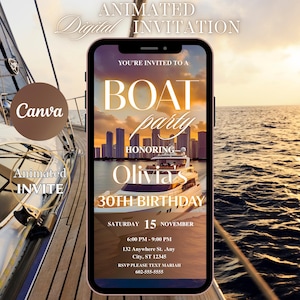 Op de afbeelding: Een digitale uitnodiging voor een bootfeest ter ere van Olivia's 30e verjaardag. De uitnodiging toont een zonsondergang stadsbeeld met een jacht op de voorgrond. De tekst luidt: "U bent uitgenodigd voor een bootfeest ter ere van Olivia's 30e verjaardag. Zaterdag 15 november, 18:00 - 21:00 uur, 132 Anywhere St., Any City, ST 12345. RSVP graag per sms naar Mariah: 602-555-5555."