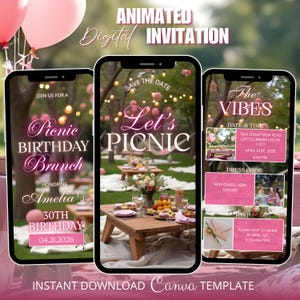 Op de afbeelding: Geanimeerde digitale uitnodigingssjabloon voor een picknick verjaardagsbrunch. Het ontwerp toont drie smartphoneschermen met picknickscènes, tekst en evenementdetails. De uitnodiging bevat de tekst "Let's Picnic" en "Amelia's 30e verjaardag".