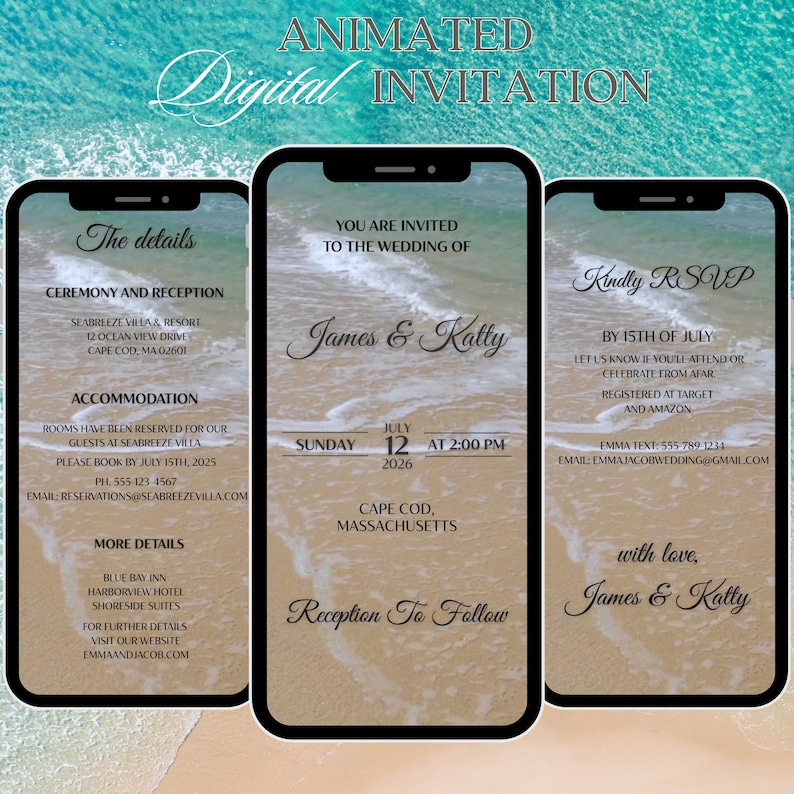 K&ouml;nnte beinhalten: Animierte digitale Hochzeitseinladung auf drei Smartphones. Die Einladung enth&auml;lt Details, RSVP-Informationen und die Namen James & Katty. Der Hintergrund zeigt eine Strandszene mit Meereswellen.