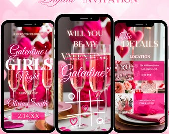 Animierte Galentines Girls Night Einladung, bearbeitbare Canva Vorlage, digitaler Download.
