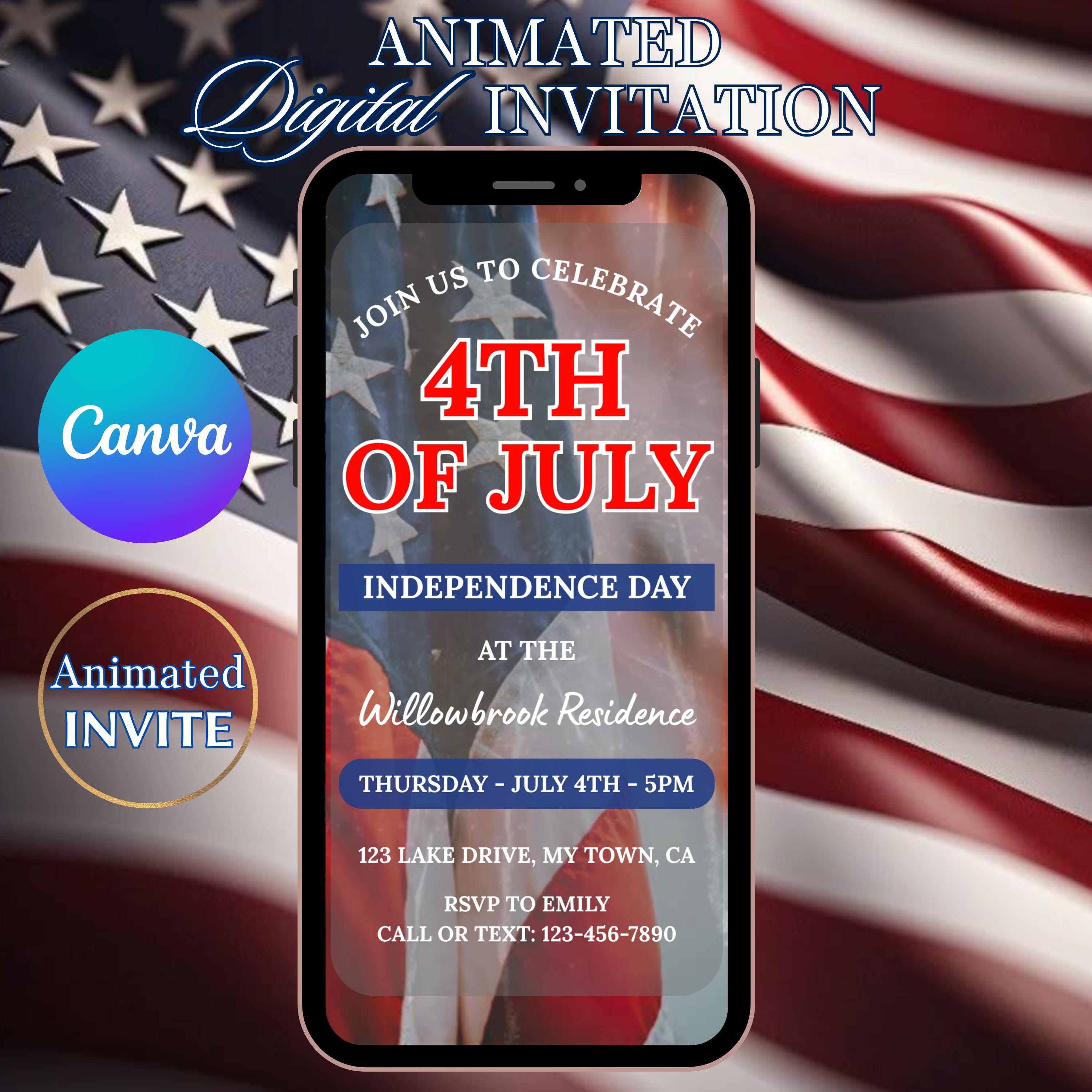 July 4th Invitation With Fireworks, Digital Independence Day Party Invite, Animated BBQ or Bonfire Celebration eVite, DIY Editable Template.