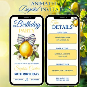 Lemon Birthday Invitation: Blue Bow Citrus Theme (Digital Template, 1080x1920px)