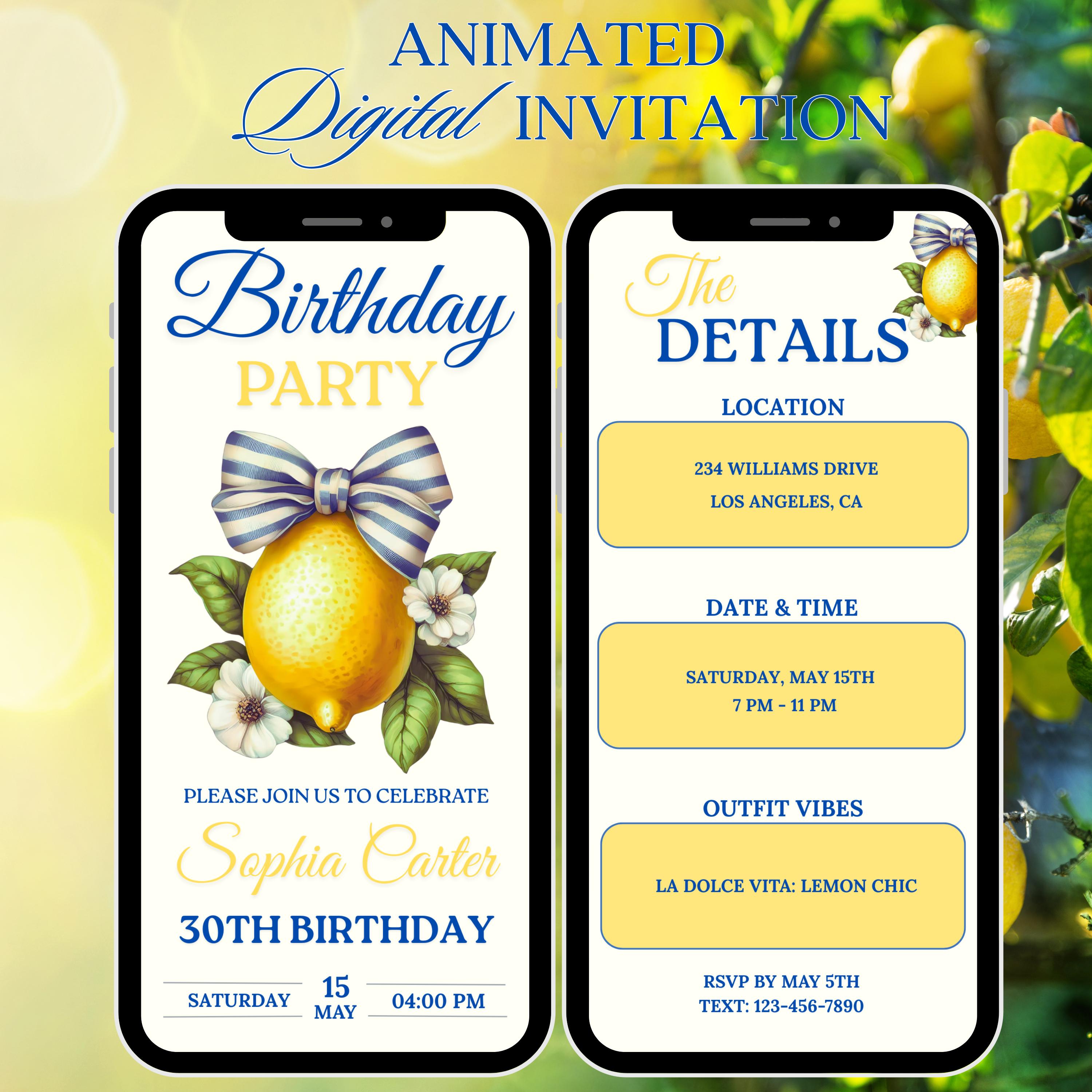 Lemon Birthday Invitation: Blue Bow Citrus Theme (Digital Template, 1080x1920px)
