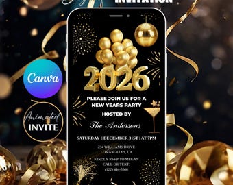 May include: A digital New Year's party invitation displayed on a smartphone. The black background features gold accents, fireworks, and a disco ball. The invitation reads "2026" with details for a party hosted by The Andersons.
