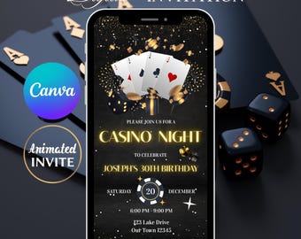 Op de afbeelding: Een digitale uitnodiging voor een casino-avond, weergegeven op een smartphone. Het ontwerp bevat speelkaarten, dobbelstenen en gouden accenten. Tekst bevat "Casino Night" en evenementdetails. De Canva- en Animated Invite-logo's zijn ook zichtbaar.