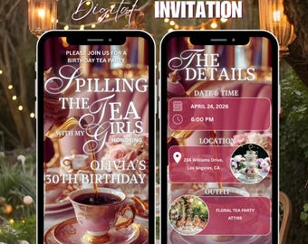 Spilling the Tea Birthday Invitation, Floral Tea Party Brunch Invite, Let’s Par-Tea Girls Brunch, Editable Canva Template