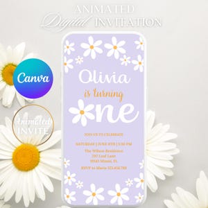 Daisy First Birthday Invitation. Digital Animated Purple Floral 1st Party Invite. Daisies Flower Girls eVite. Boho Daisy Invitation.