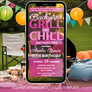 May include: A smartphone screen displays a pink and white invitation for a "Backyard Grill and Chill" birthday BBQ. The invitation includes details for Amelia Brown's 35th birthday, with the date, time, and location. The background shows a backyard scene with colorful lanterns.