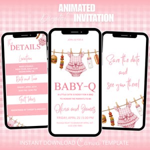 May include: Animated digital invitation on three smartphones. The invitation features pink gingham backgrounds and text that reads "BABY-Q" with details for a baby shower. The design includes illustrations of baby clothes, food, and a bottle.