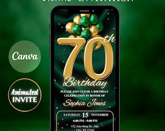 70th Birthday Invitation: Green & Gold Animated Evite (DIY Editable)