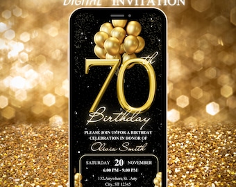Animated 70th Birthday Invitation: Black, Gold, and Silver Evite (Digital)