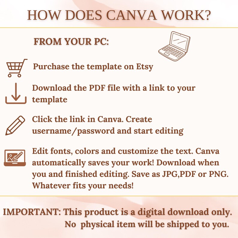 May include: A brown and white graphic with the text "HOW DOES CANVA WORK?" and "FROM YOUR PC:" with a list of steps on how to use Canva to edit a template purchased on Etsy. The steps include purchasing the template, downloading a PDF file with a link to the template, clicking the link in Canva, creating a username and password, editing fonts and colors, and saving the edited template as a JPG, PDF, or PNG file. The graphic also includes the text "IMPORTANT: This product is a digital download only. No physical item will be shipped to you."