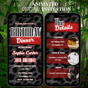 Glam Leopard Print Birthday Dinner Invitation, Red Black Luxury Cheetah Print Brunch Evite, Elegant Digital Party Invite Template