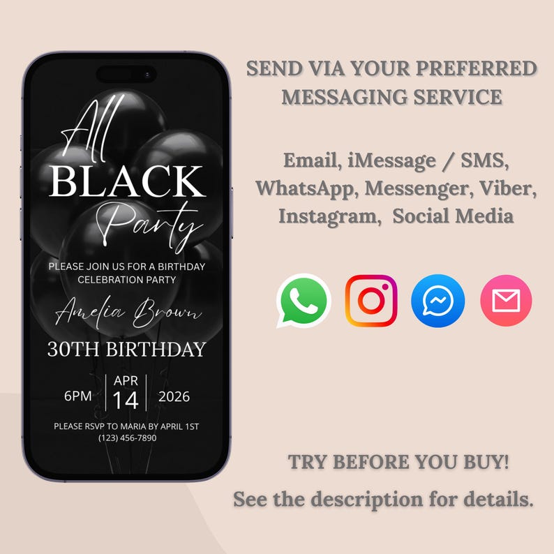 Puede incluir: Un tel&eacute;fono inteligente muestra una invitaci&oacute;n en blanco y negro para una "All Black Party" con globos. La invitaci&oacute;n incluye detalles para el 30 cumplea&ntilde;os de Amelia Brown, con fecha y hora. Tambi&eacute;n se muestran iconos de aplicaciones de mensajer&iacute;a.