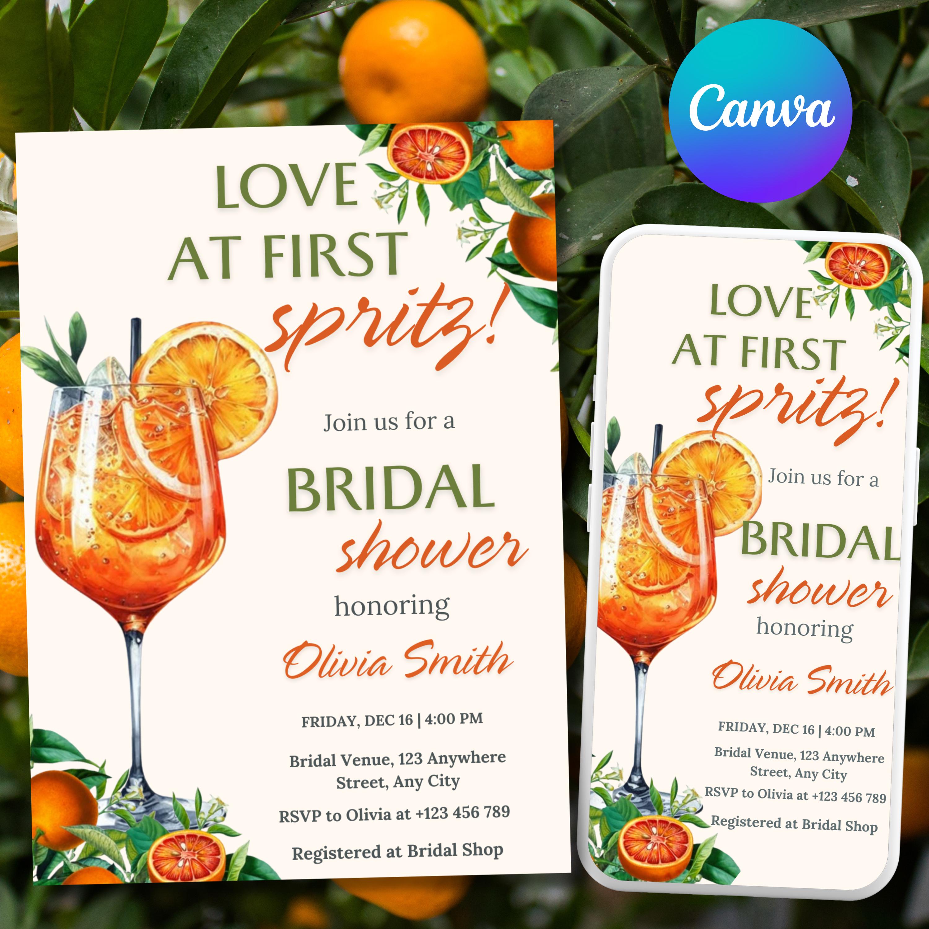 Love at First Spritz Bridal Shower Invitation, Aperol Spritz Bridal Shower Invite, Citrus Bridal Brunch, Orange Bridal Shower