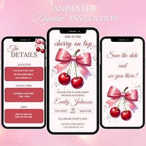 May include: Animated digital invitation for a baby shower. The design features three smartphone screens with a pink and white color scheme. The invitation includes details such as the date, time, location, and RSVP information, with a cherry and bow graphic.