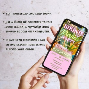 May include: A pink and green digital invitation for a 25th birthday party. The invitation features a tropical theme with palm leaves, pineapples, and a cocktail. The text on the invitation reads "Bikinis and Martinis Party" and "Honoring Olivia Smith 25th Birthday". The date and time of the party are listed as "Friday, November 30, 5:00 PM - 9:00 PM". The address is "234 Williams Drive, Los Angeles, CA". The RSVP information is "Kindly RSVP to Megan, Call or Text 125 445 5038".