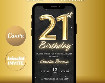 Digital 21st Birthday Invitation: Black & Gold Dinner, DIY Template