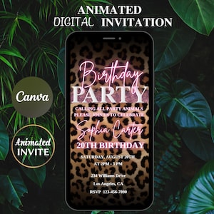 Könnte beinhalten: Eine digitale Einladung zu einer 20. Geburtstagsfeier mit einem Hintergrund aus Leopardenmuster. Der Text "Birthday Party" ist in pinken Neonbuchstaben mit Glitzerakzenten geschrieben. Die Einladung enthält den Namen "Sophia Carter", das Datum "Samstag, 20. August", die Uhrzeit "14:00 - 15:00 Uhr", die Adresse "234 Williams Drive, Los Angeles, CA" und die RSVP-Nummer "123-456-7890".