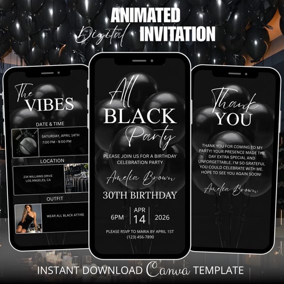 All Black Birthday Party Invitation, Elegant Dinner & Brunch Party Invite, Digital All Black Affair Template, Editable Formal Attire Invite