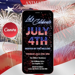 4. Juli Einladung mit Feuerwerk, Party zum einladen zum digitalen Unabhängigkeitstag, animiertes Grillfest oder Lagerfeuerfest eVite, bearbeitbare DIY-Vorlage.