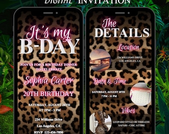 Cheetah Print B-Day Invitation, Animated Pink & White Jungle Brunch Evite, Leopard Print Digital Party Invite, It's My Bday Dinner Flyer