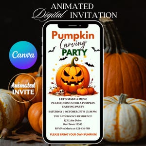 May include: An animated digital invitation for a pumpkin carving party. The design features a jack-o'-lantern, bats, and stars. The invitation includes the date, time, and location of the party. The Canva and Animated Invite logos are also visible.