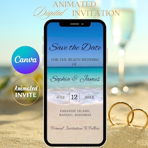 Puede incluir: Un smartphone muestra una invitación de boda digital con una escena de playa. La invitación dice "Save the Date" para Sophia & James, 12 de julio de 20XX, en Paradise Island, Bahamas. Anillos de boda dorados en la arena.