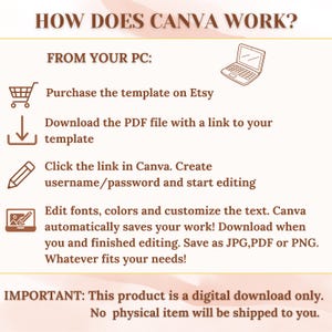K&ouml;nnte beinhalten: Eine beige Infografik mit dem Titel &bdquo;WIE FUNKTIONIERT CANVA?&ldquo; beschreibt die Schritte zur Verwendung einer auf Etsy gekauften Canva-Vorlage. Anweisungen umfassen das Herunterladen einer PDF-Datei, das Erstellen eines Canva-Kontos, das Bearbeiten und Speichern des Designs. Der Text betont, dass es sich um einen digitalen Download handelt.