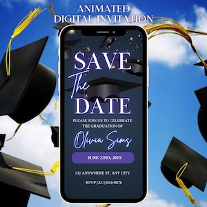 Faire-part de remise des diplômes numérique « Save The Date », faire-part de fête universitaire bleu animé, elle l'a fait Eviter, modèle de carte électronique auto-modifiable