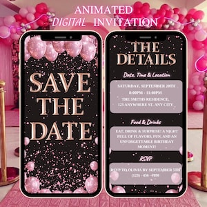 Save The Date Digital Invitation, Animated Birthday Invite, Pink-Themed Surprise Evite, Anniversary Party Invitation, Editable Template