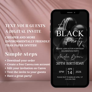 Puede incluir: Una invitaci&oacute;n digital en la pantalla de un tel&eacute;fono inteligente para una fiesta de cumplea&ntilde;os "All Black Party". La invitaci&oacute;n incluye el nombre "Amelia Brown" y la fecha 14 de abril de 2026. Tambi&eacute;n se incluyen instrucciones.