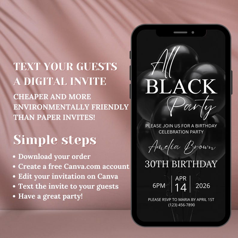Puede incluir: Una invitaci&oacute;n digital en la pantalla de un tel&eacute;fono inteligente para una fiesta de cumplea&ntilde;os "All Black Party". La invitaci&oacute;n incluye el nombre "Amelia Brown" y la fecha 14 de abril de 2026. Tambi&eacute;n se incluyen instrucciones.