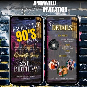 May include: Two smartphone screens displaying an animated digital invitation for a 90s themed 25th birthday party for Elizabeth Jones. The design features a brick wall background, neon yellow text, and event details including location, date, time, and outfit vibes.