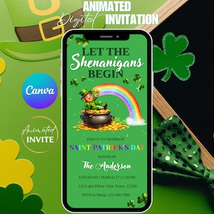Könnte beinhalten: Eine digitale Einladung zum St. Patrick's Day auf einem Smartphone-Bildschirm. Die Einladung zeigt einen Leprechaun, einen Regenbogen und einen Goldtopf. Der Text enthält "Let the Shenanigans Begin" und Eventdetails. Canva- und Animated Invite-Logos.