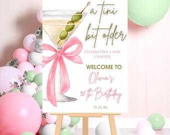 Martini Birthday Welcome Sign: Bow Decor, Editable Template (Canva)